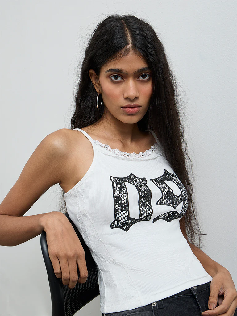 Nuon White Text Printed Cotton-Blend Top - Image 2
