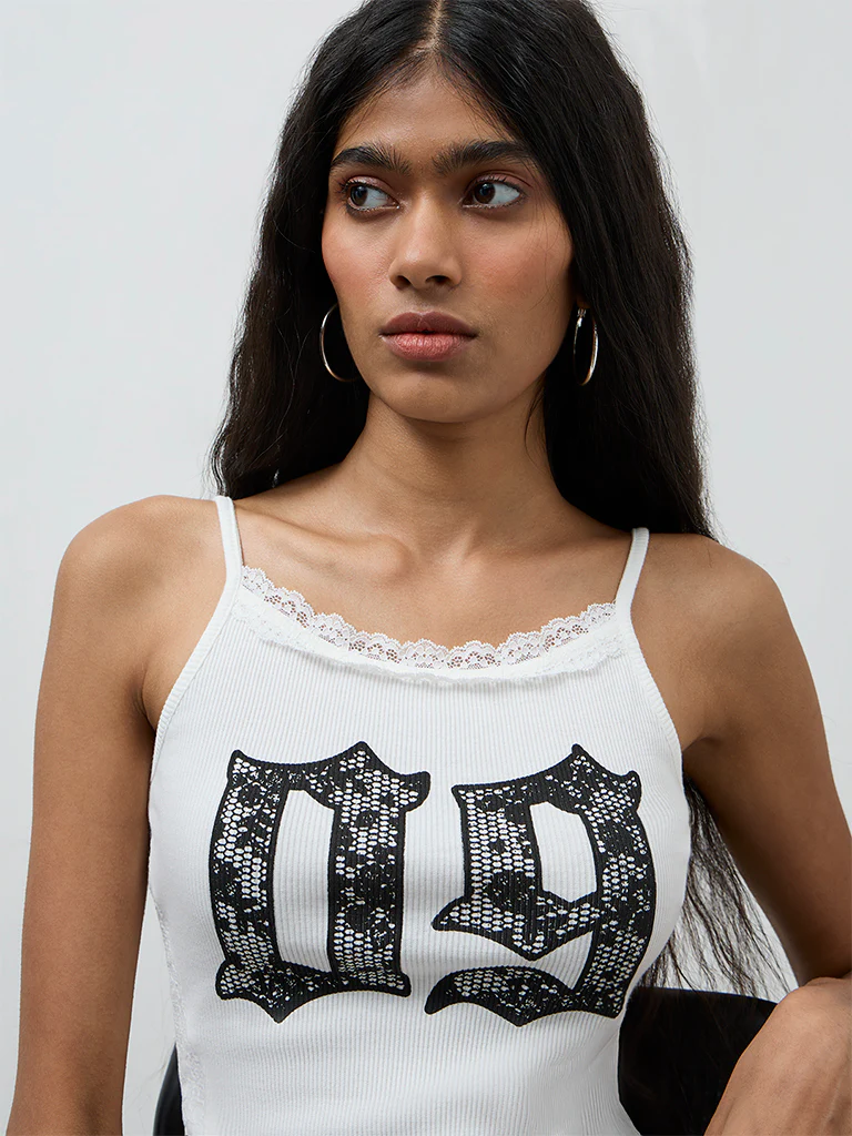 Nuon White Text Printed Cotton-Blend Top - Image 3
