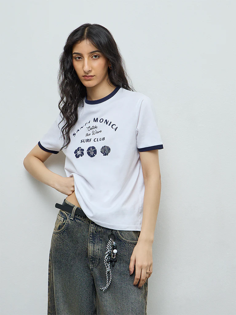 Nuon White Text Printed Cotton T-Shirt