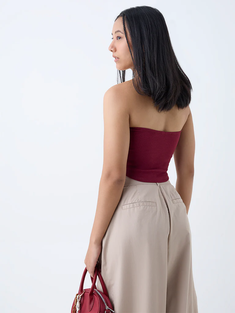 Nuon Wine Ribbed Cotton-Blend Tube Top - Image 4