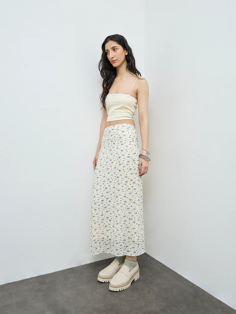 Nuon Yellow Ribbed Lace Cotton-Blend Top - Image 2