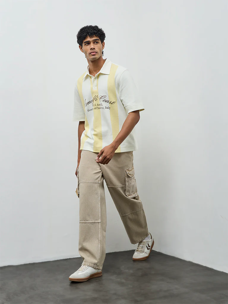 Nuon Yellow Text Design Relaxed-Fit Cotton-Blend Polo T-Shirt - Image 2