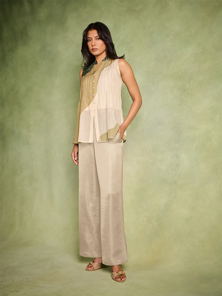 Pintuck Detail Top, Camisole and Pants Set – Green - Image 2