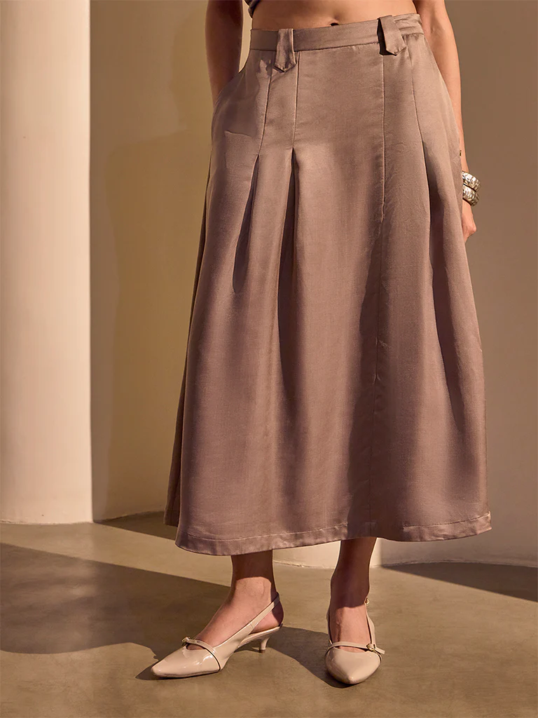 Pleated Midi Skirt β Brown - Image 2