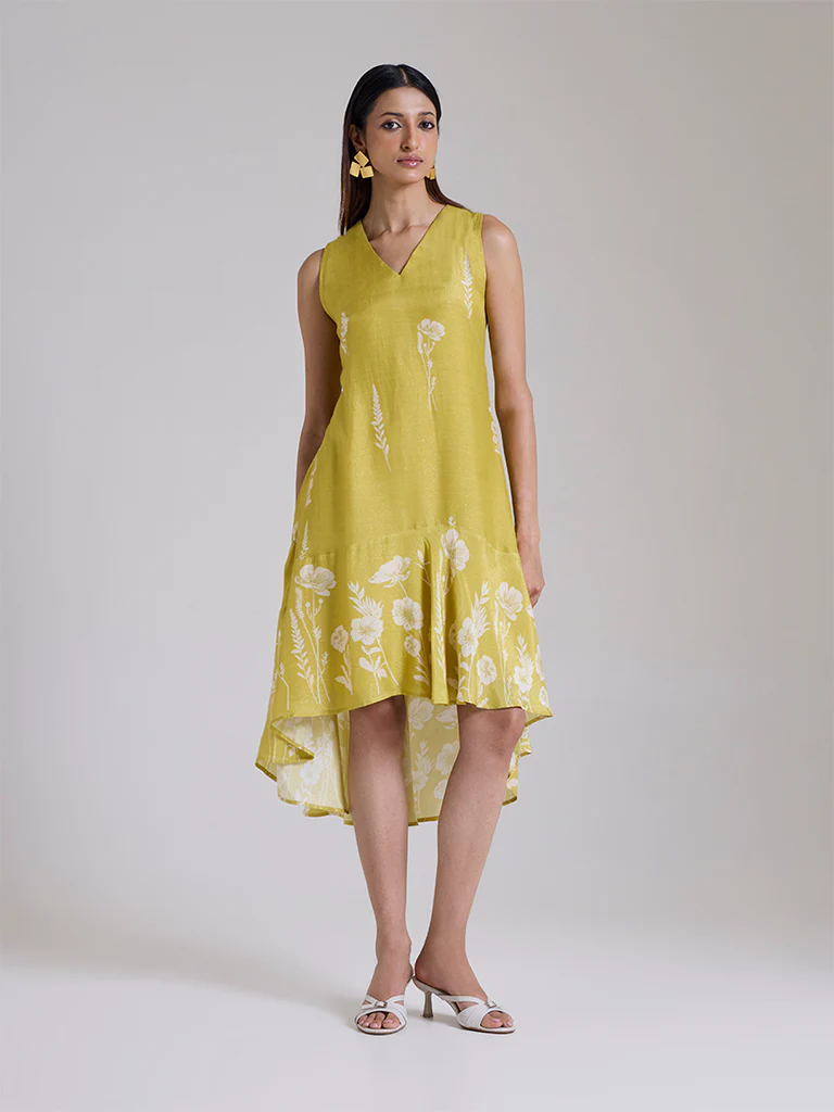 Printed High-Low Dress - Yellow
