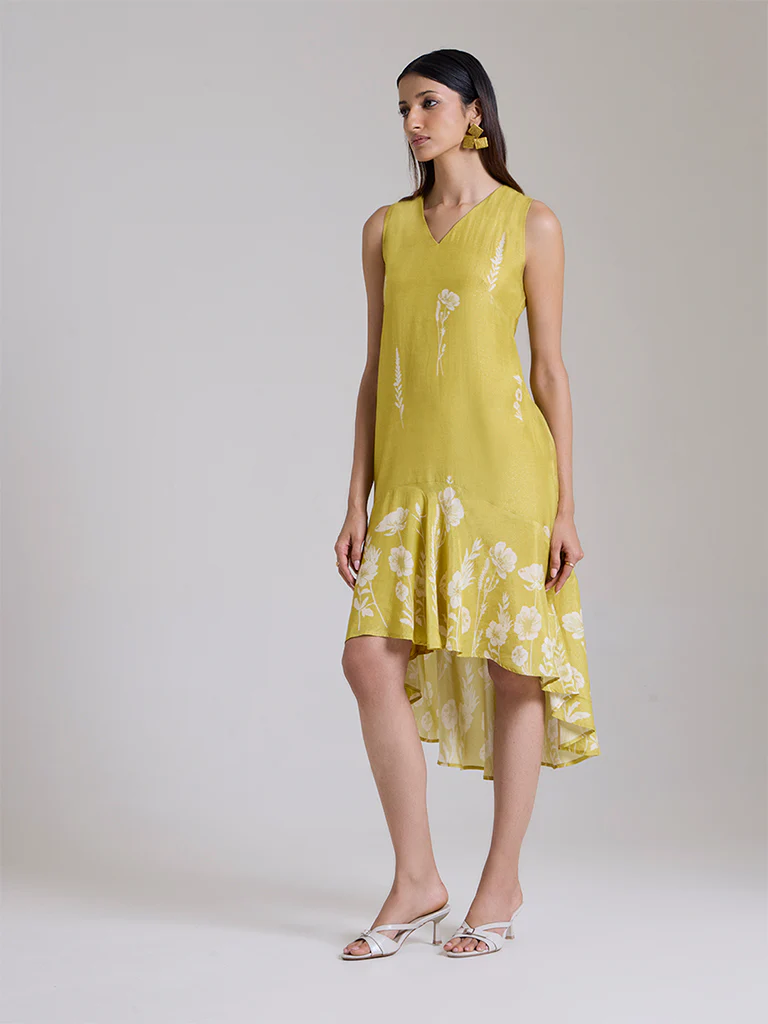 Printed High-Low Dress - Yellow - Image 3