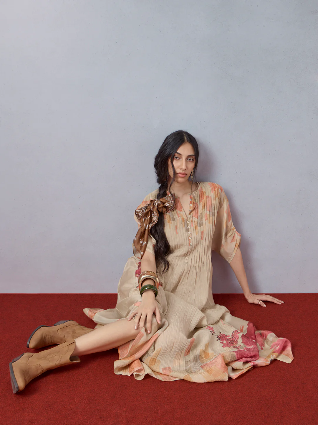 Printed Kaftan with Inner - Beige - Image 2