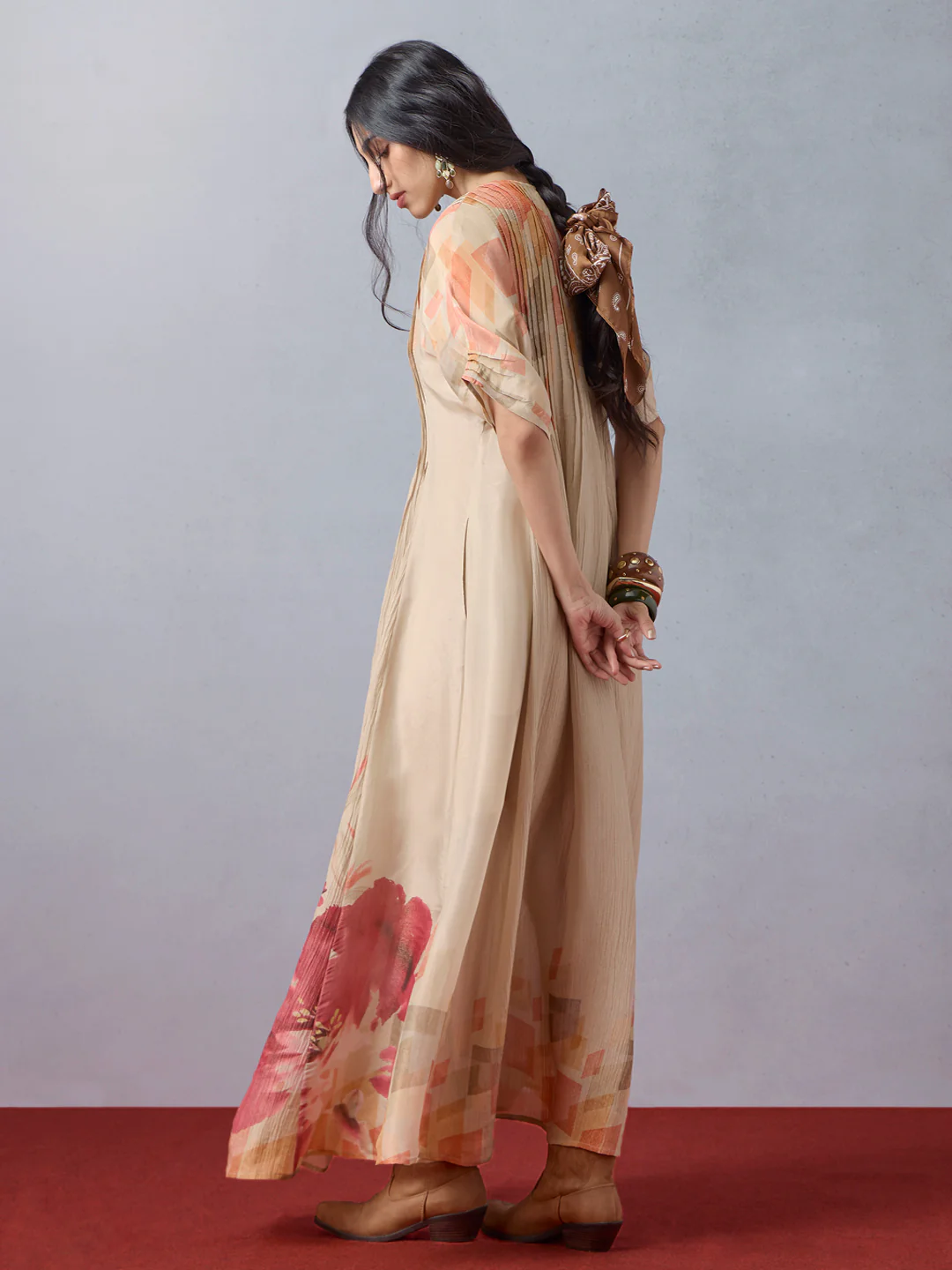 Printed Kaftan with Inner - Beige - Image 5