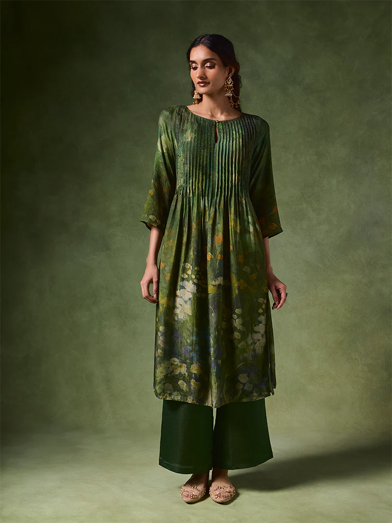 Printed Pintuck A-Line Kurta – Green - Image 2