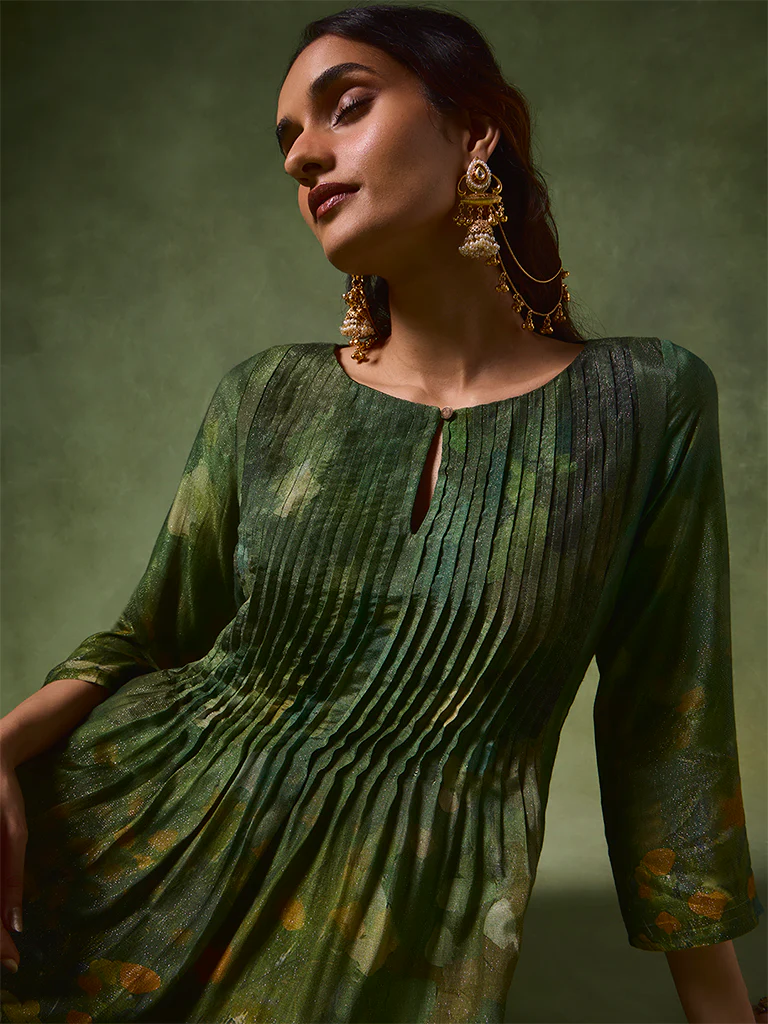 Printed Pintuck A-Line Kurta – Green - Image 3