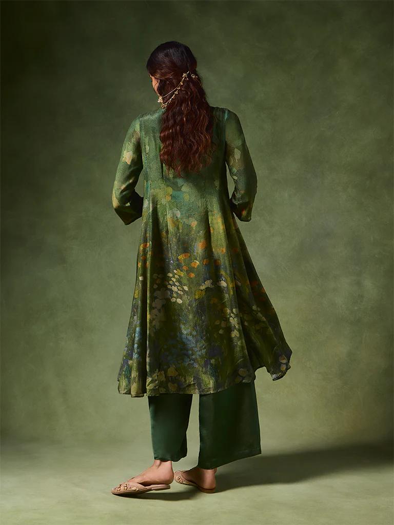Printed Pintuck A-Line Kurta – Green - Image 4
