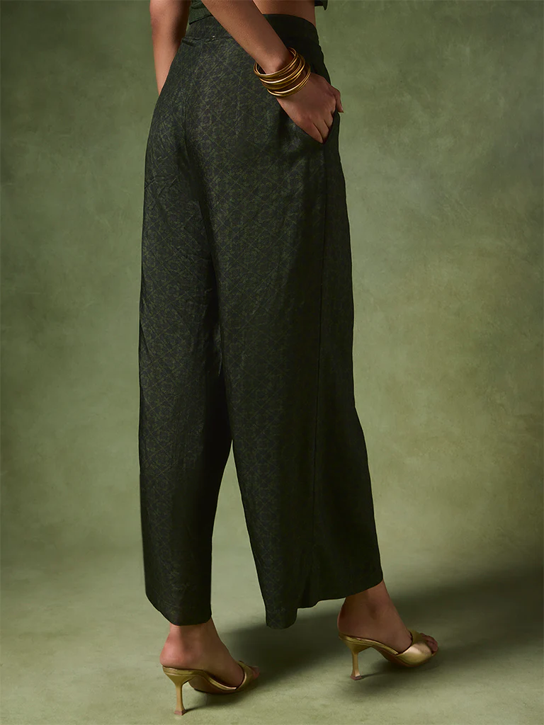 Printed Wide-Leg Pants – Green - Image 4