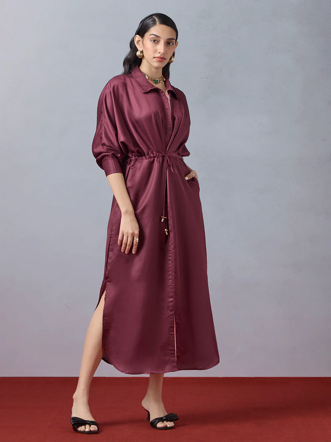 Satin Shirt Dress - Maroon - Image 2