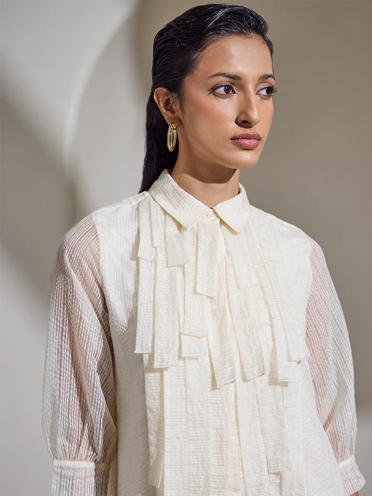 Seersucker Striped Blouse - Off-White - Image 3