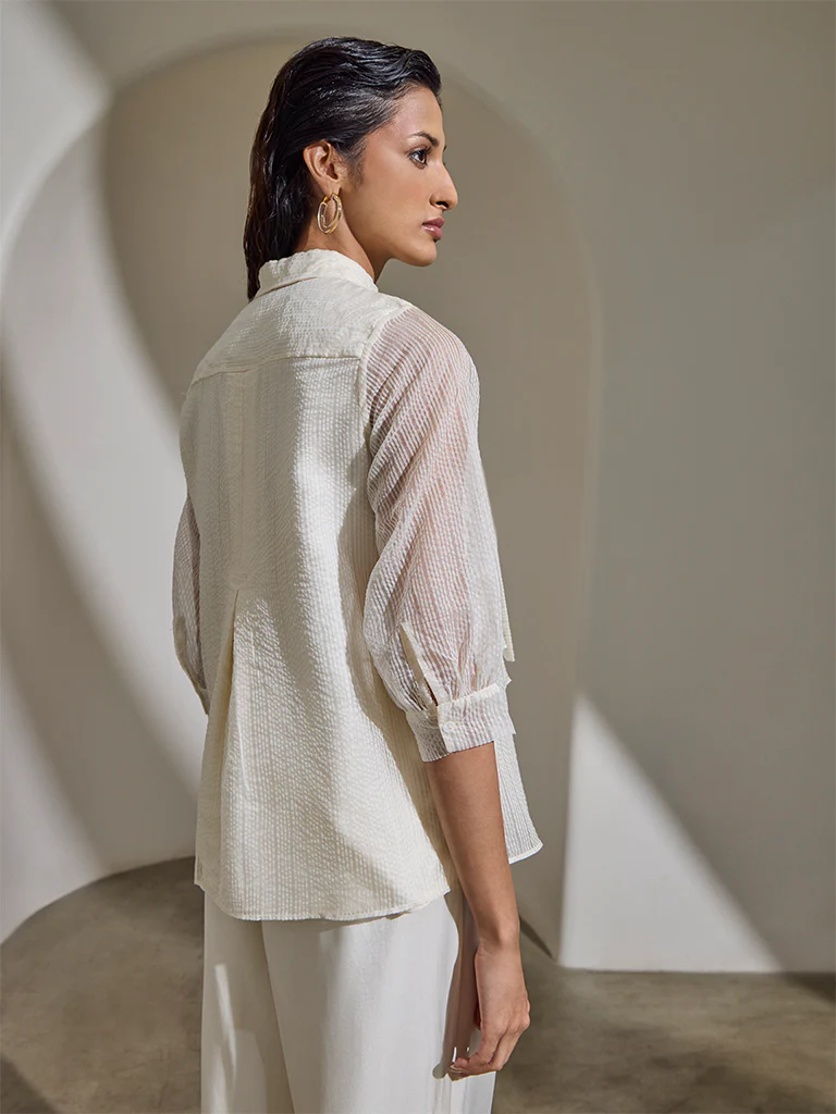 Seersucker Striped Blouse - Off-White - Image 4