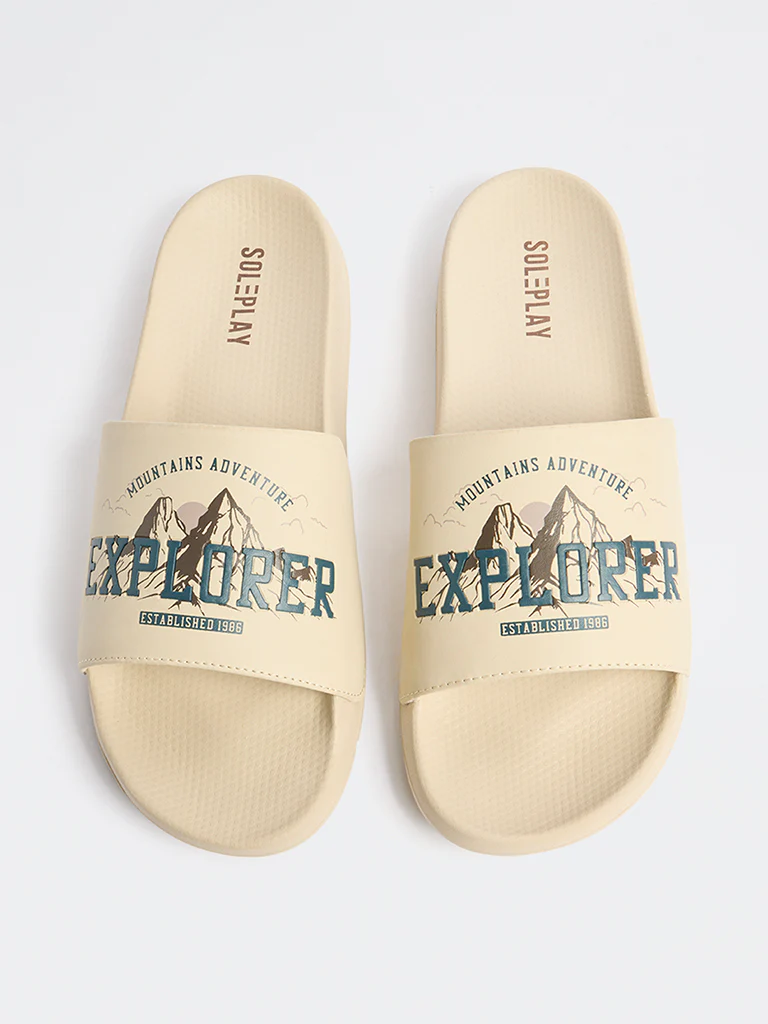 SOLEPLAY Beige Graphic Printed Pool Slides - Image 3