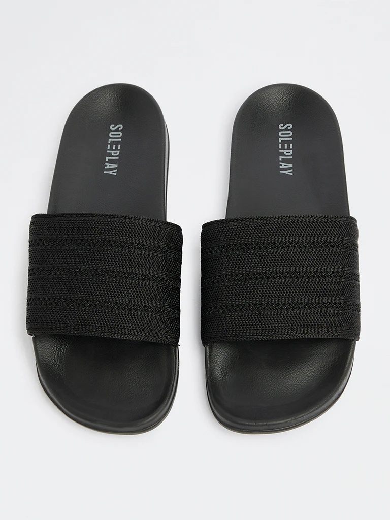 SOLEPLAY Black Knit-Textured Pool Slides - Image 2