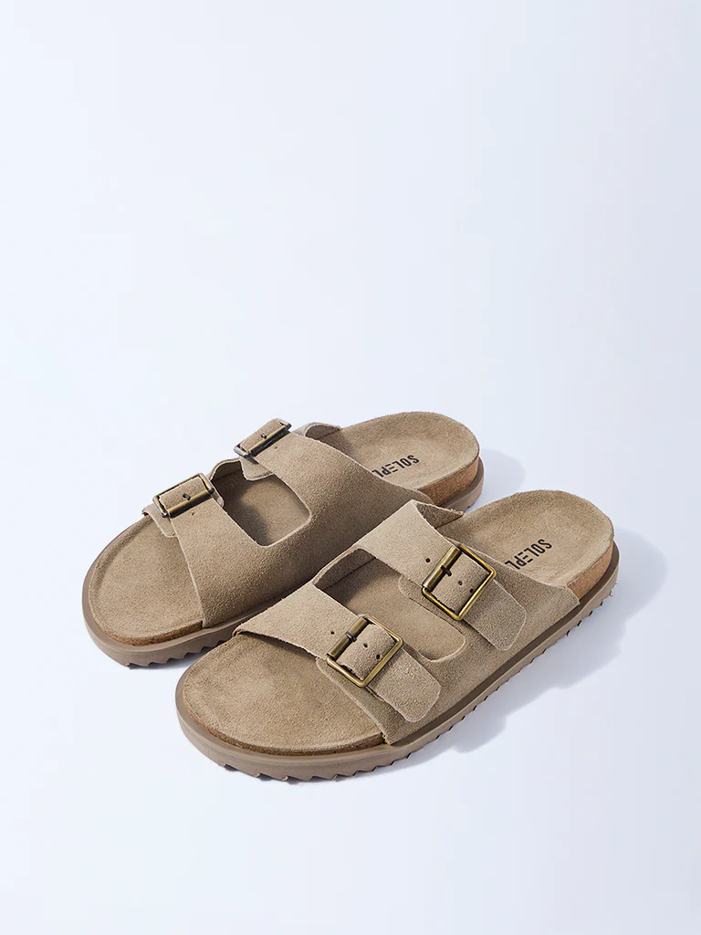 SOLEPLAY Taupe Slip-On Suede Leather Sandals - Image 3