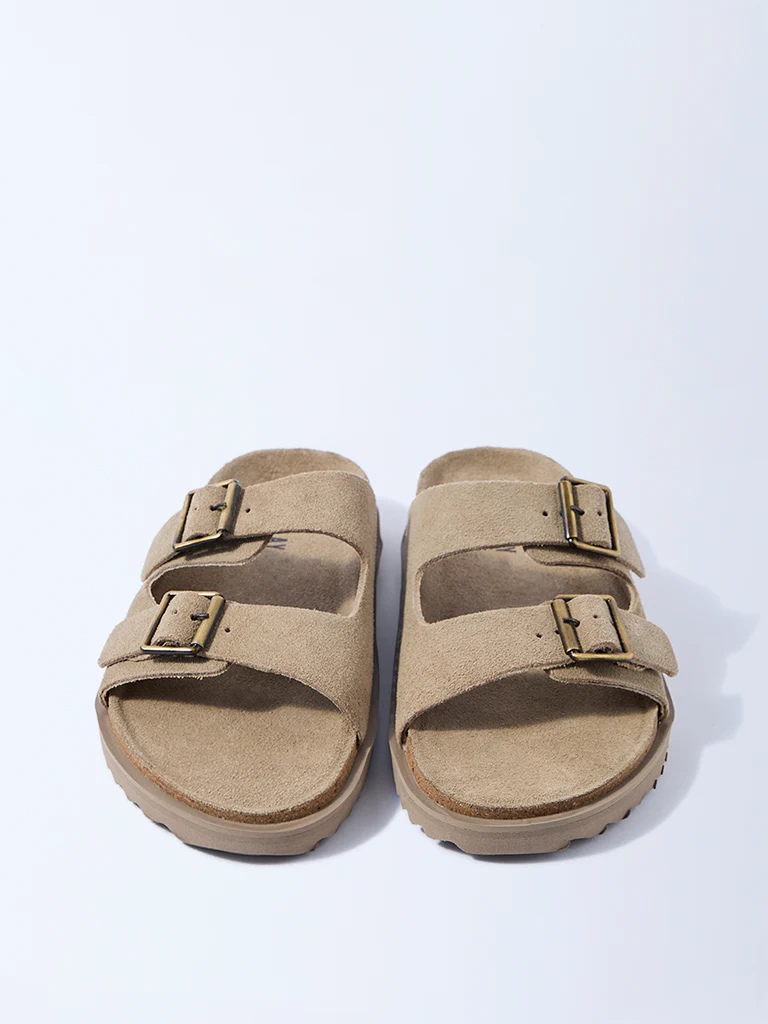 SOLEPLAY Taupe Slip-On Suede Leather Sandals - Image 4