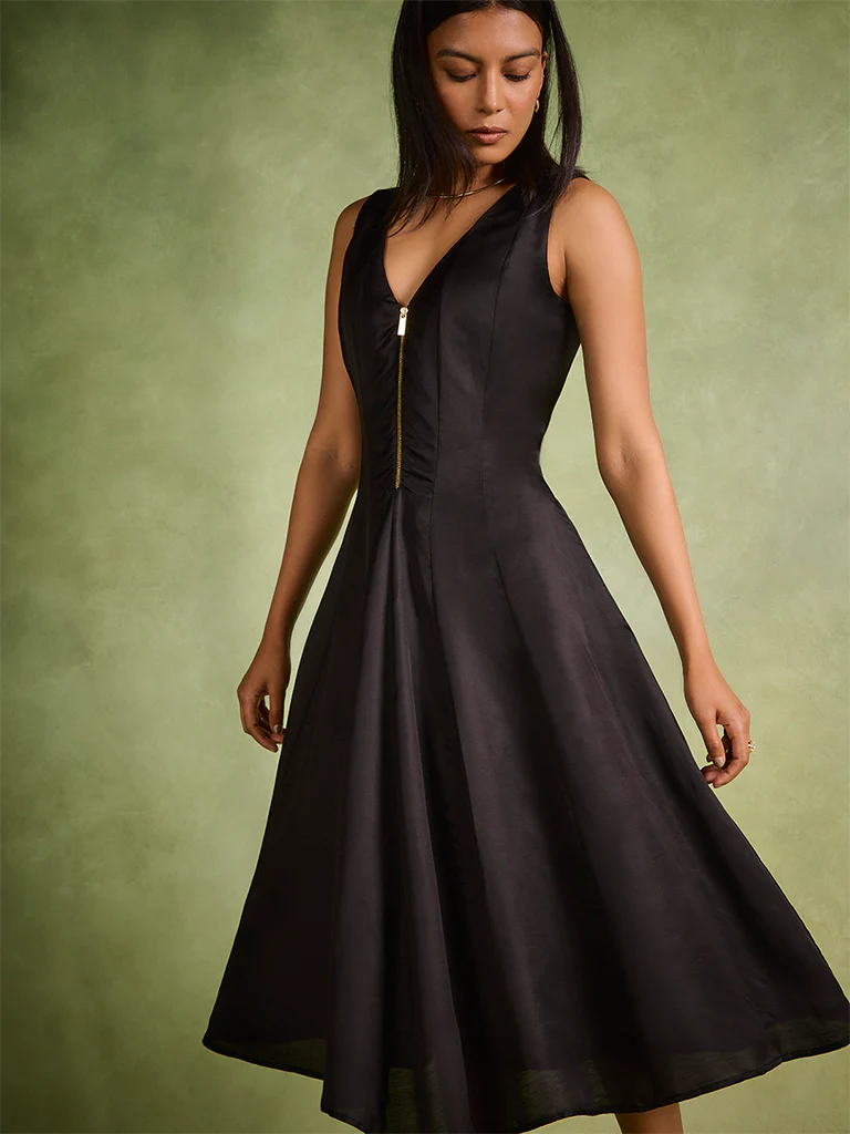 Solid Midi Dress – Black - Image 3