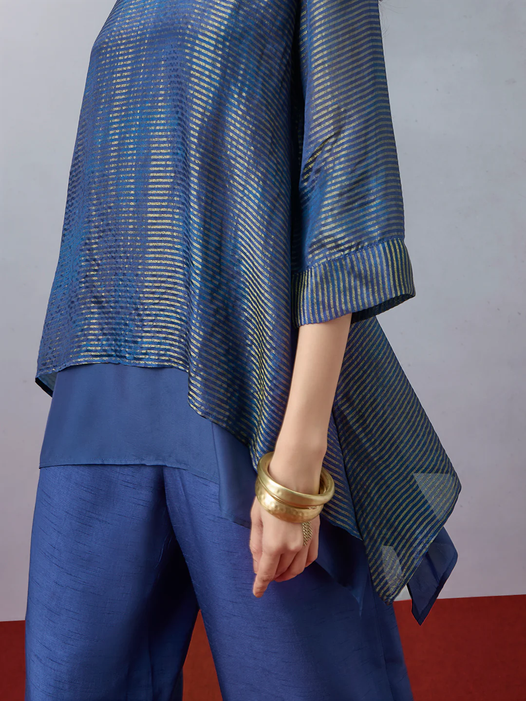 Striped High-Low Kurta - Blue - Image 3
