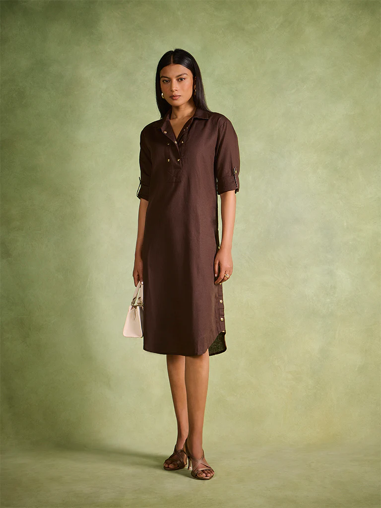 Studded Shirt Dress – Brown - Image 2