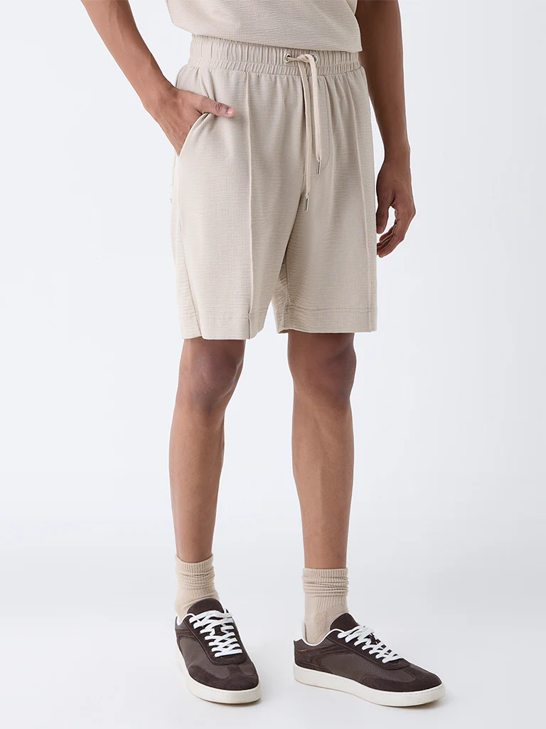 Studiofit Beige Self-Textured Relaxed-Fit Mid-Rise Cotton-Blend Shorts - Image 3