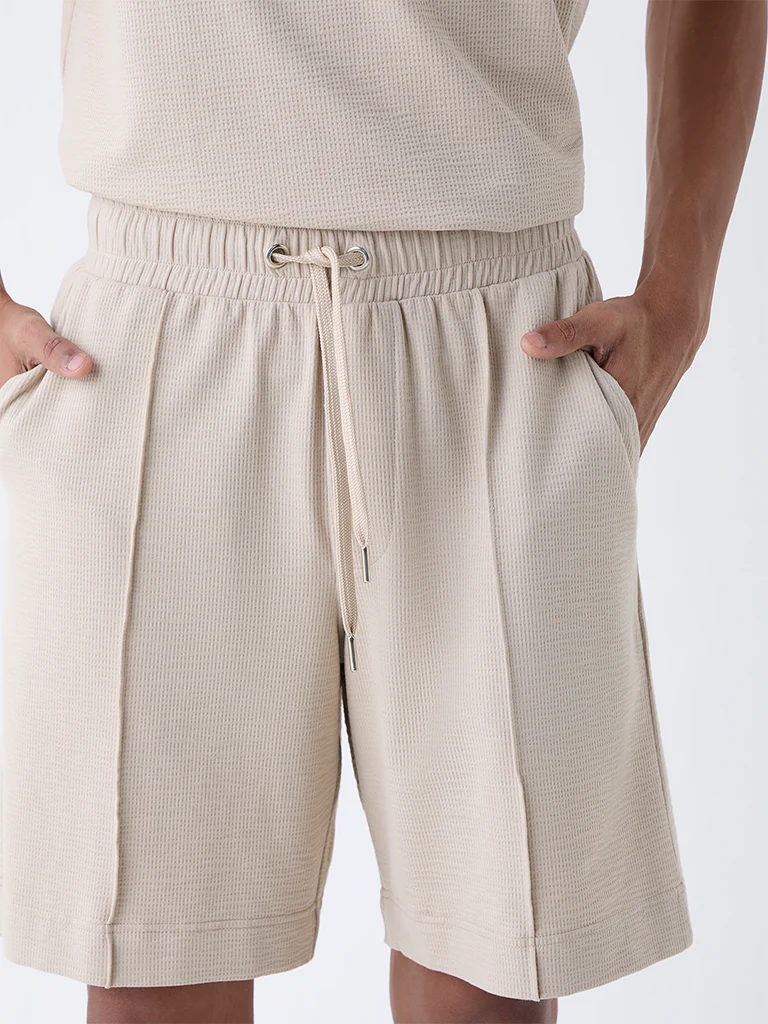 Studiofit Beige Self-Textured Relaxed-Fit Mid-Rise Cotton-Blend Shorts - Image 4