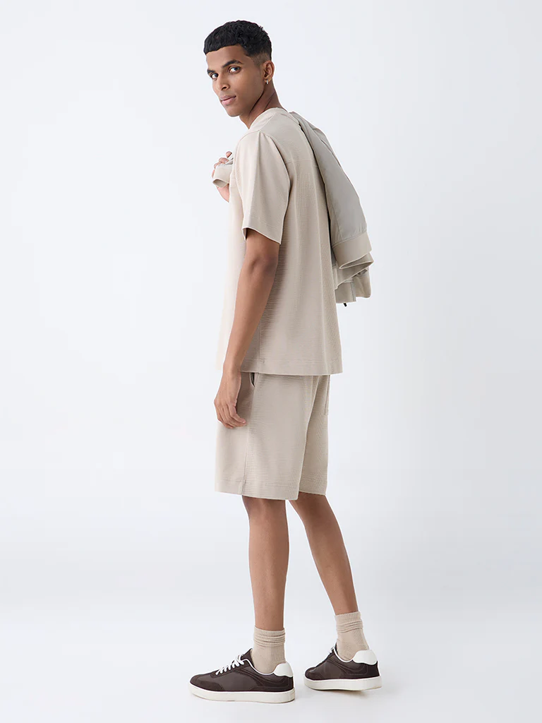 Studiofit Beige Self-Textured Relaxed-Fit Mid-Rise Cotton-Blend Shorts - Image 5