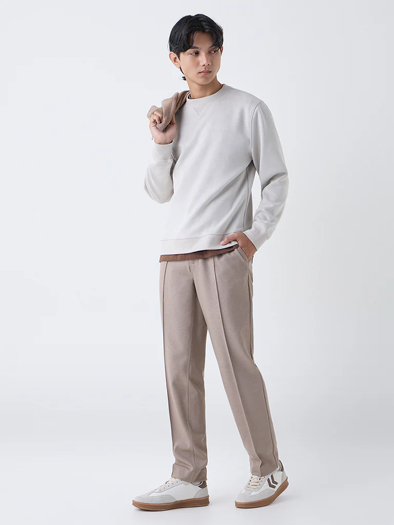 Studiofit Beige Solid Relaxed-Fit Suede Sweatshirt - Image 3