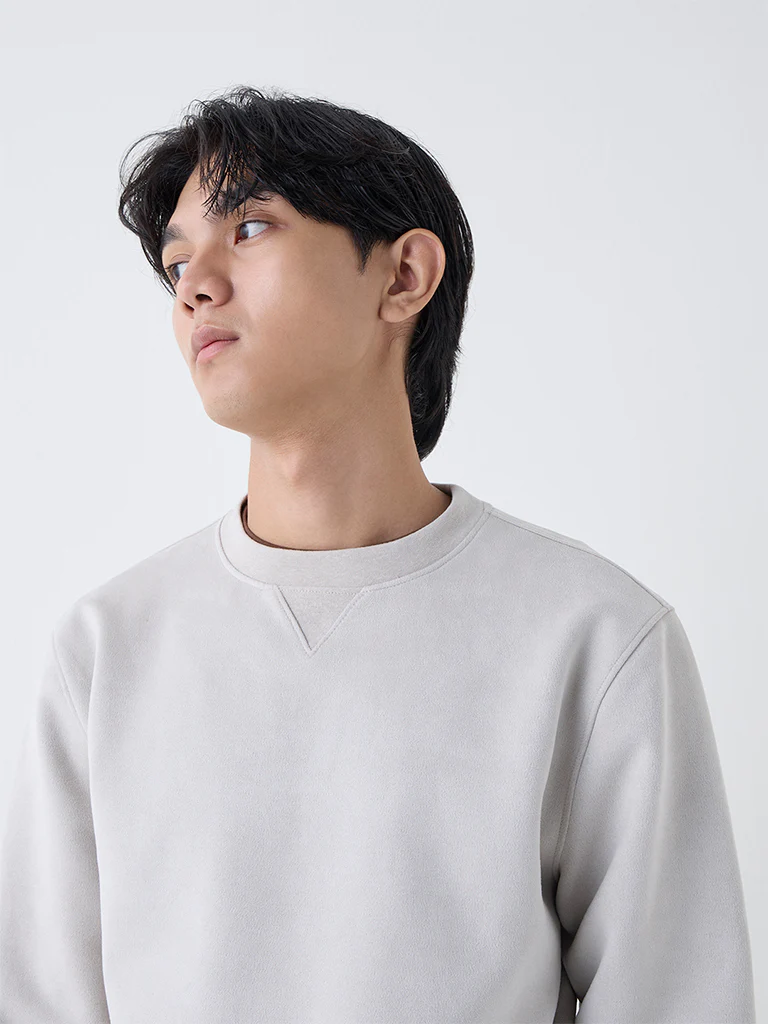 Studiofit Beige Solid Relaxed-Fit Suede Sweatshirt - Image 4