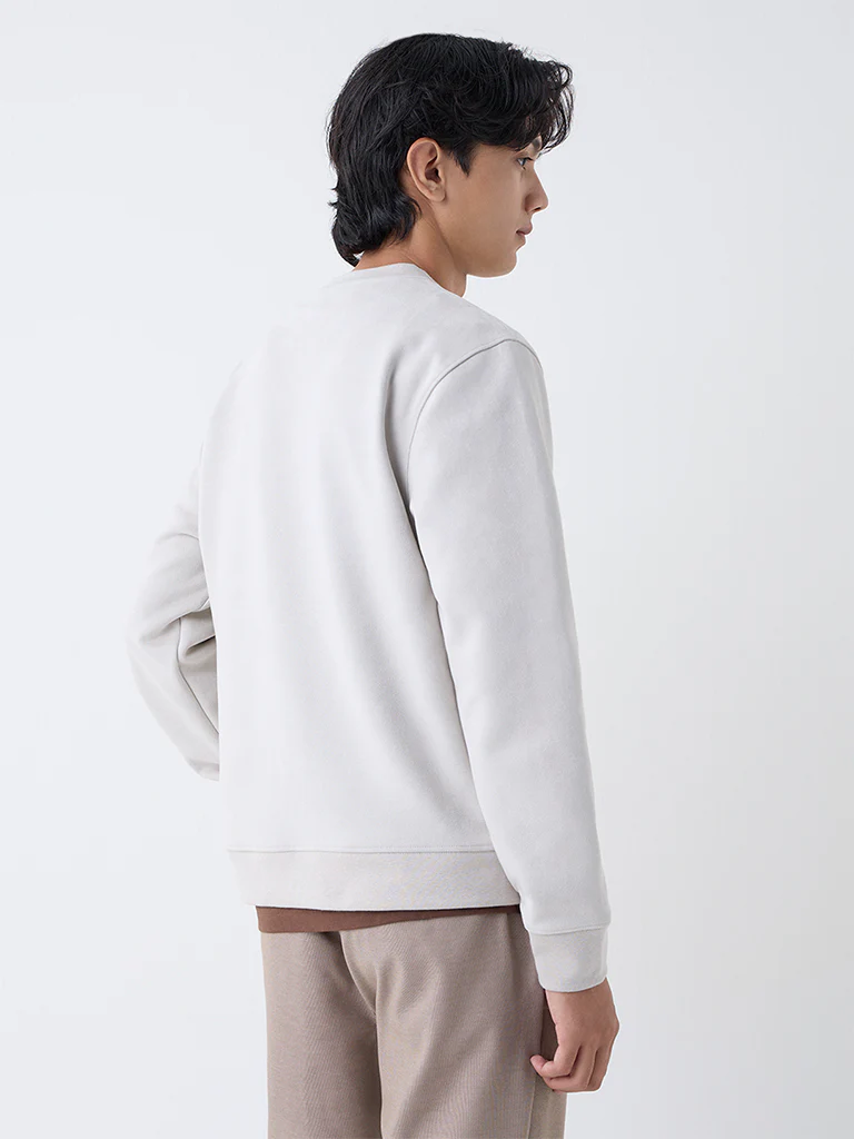 Studiofit Beige Solid Relaxed-Fit Suede Sweatshirt - Image 5
