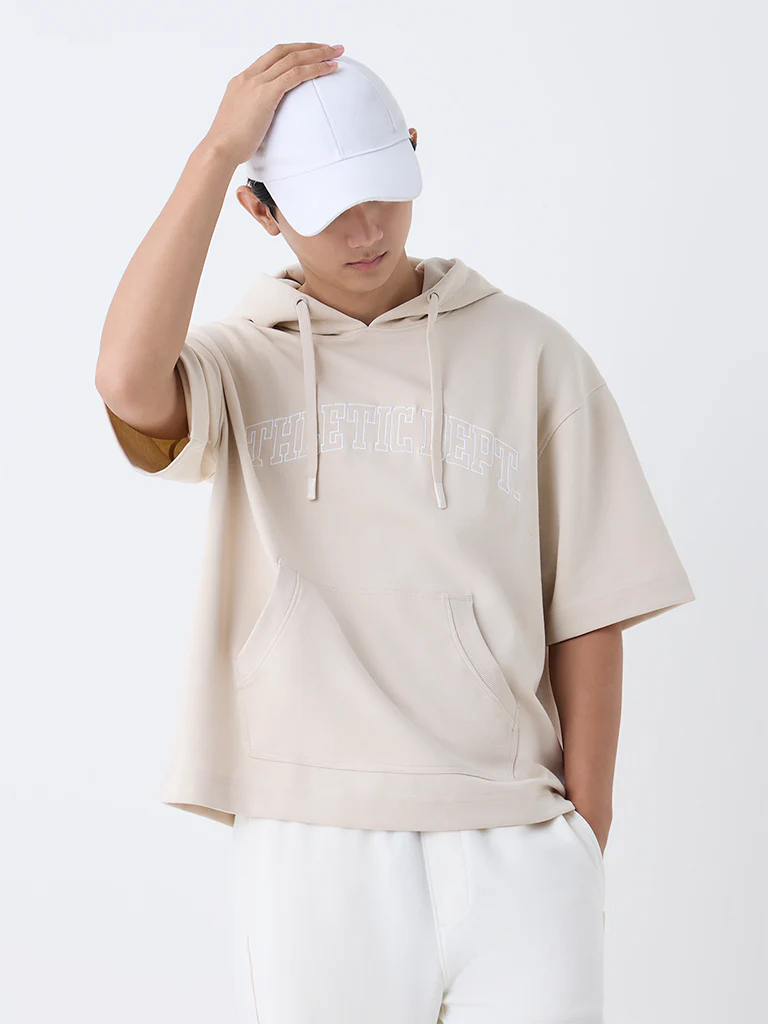 Studiofit Beige Text Pattern Relaxed-Fit Cotton-Blend Sweatshirt - Image 3