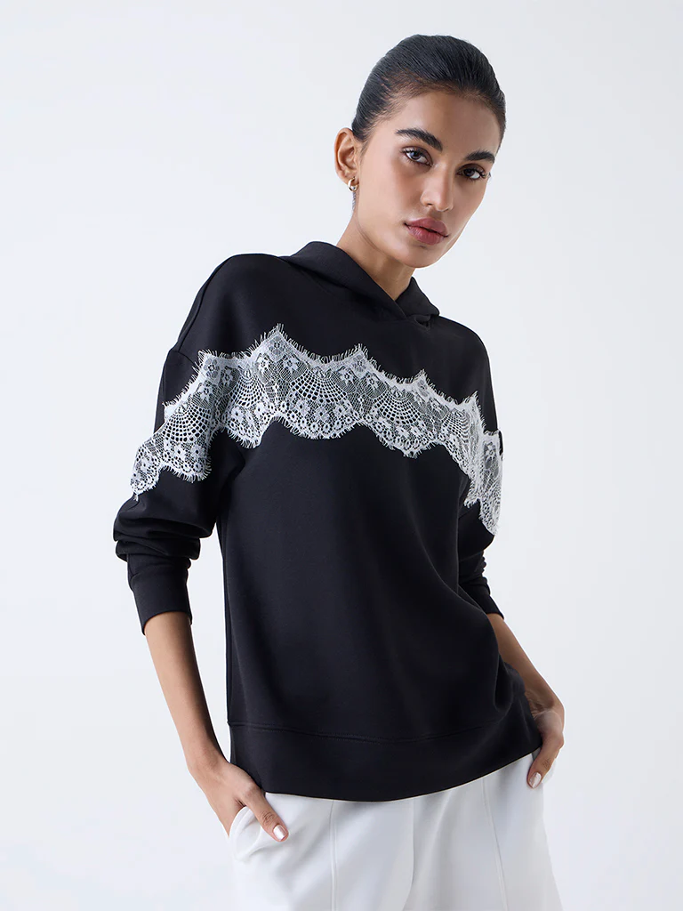 Studiofit Black Lace Detailed Hoodie