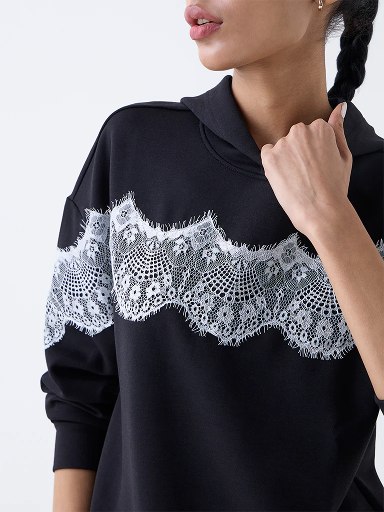 Studiofit Black Lace Detailed Hoodie - Image 3