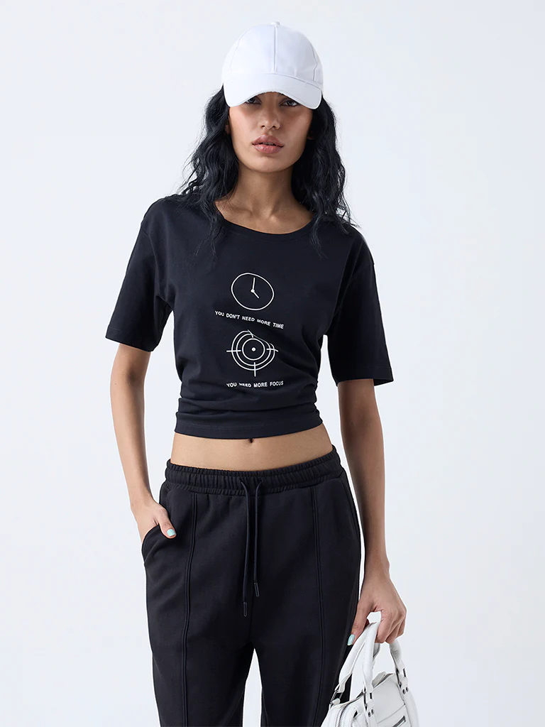 Studiofit Black Printed Cotton T-Shirt - Image 2