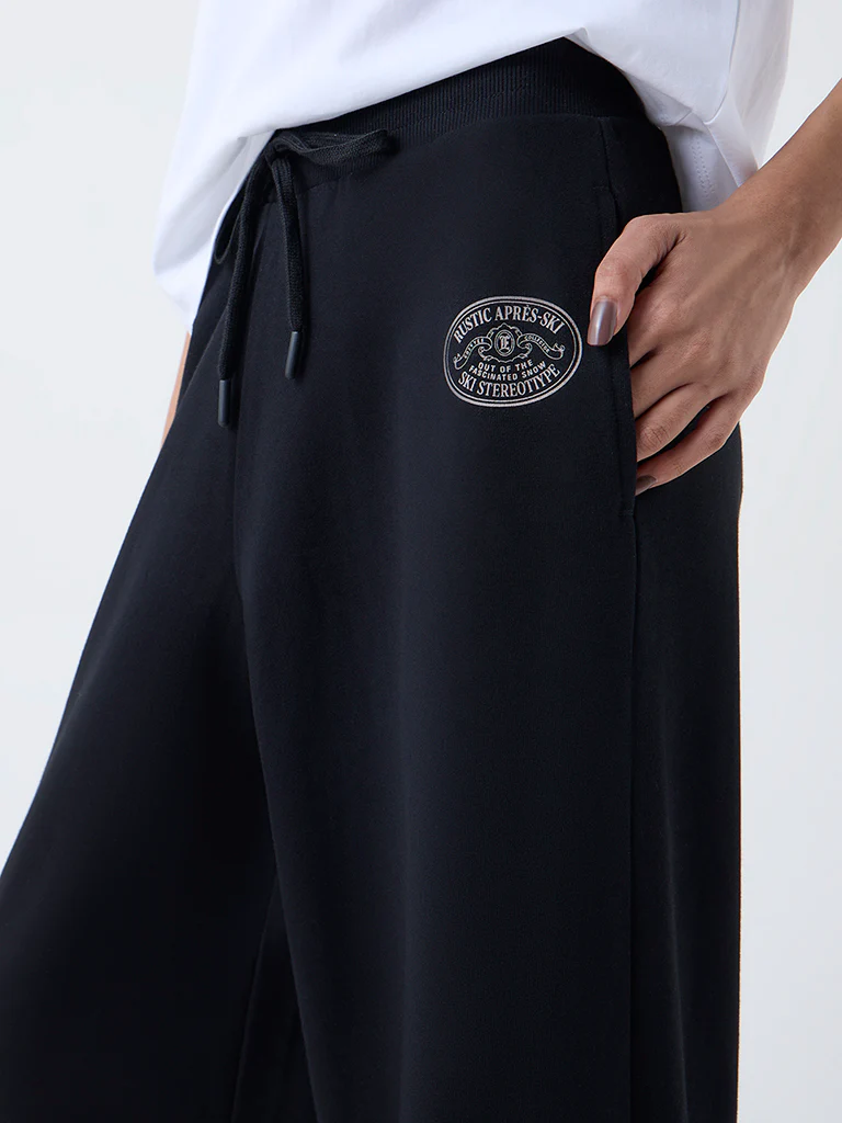 Studiofit Black Printed High-Rise Cotton Track Pants - Image 3