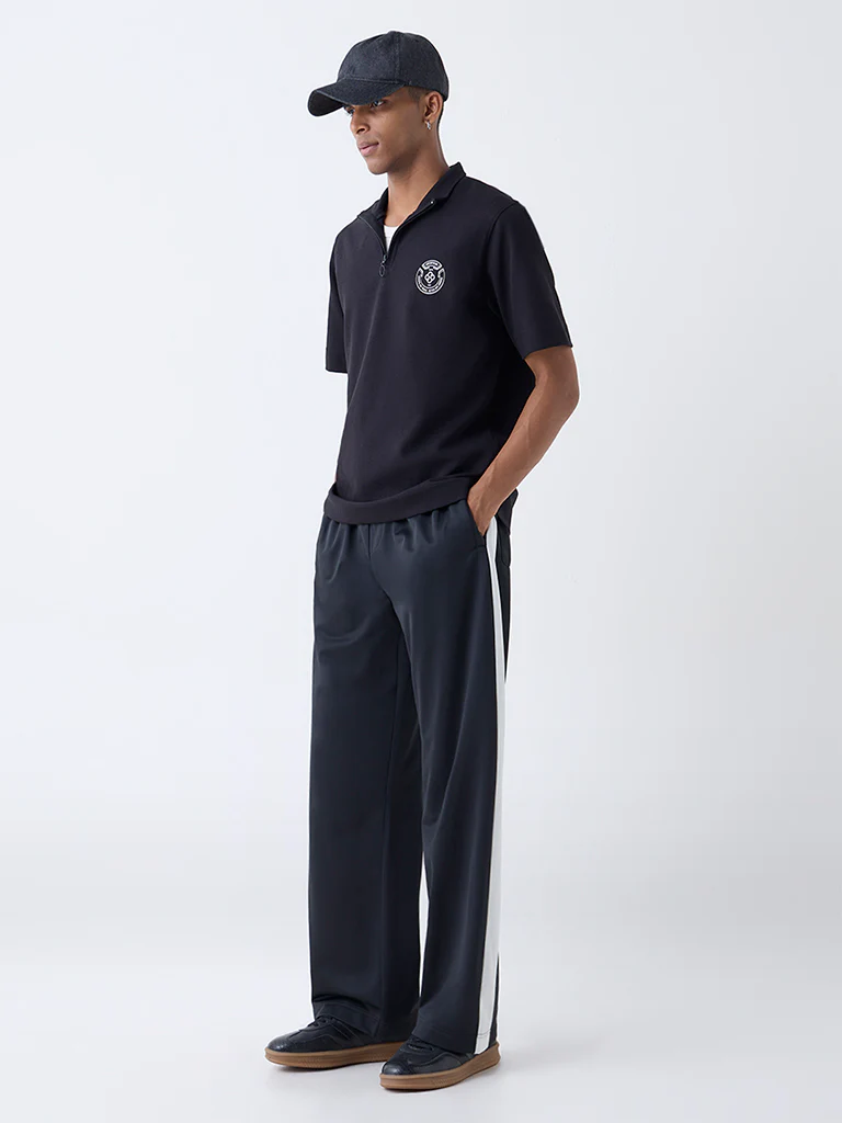 Studiofit Black Quarter-Zip Relaxed-Fit Cotton-Blend T-Shirt - Image 3