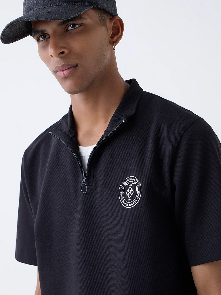 Studiofit Black Quarter-Zip Relaxed-Fit Cotton-Blend T-Shirt - Image 4