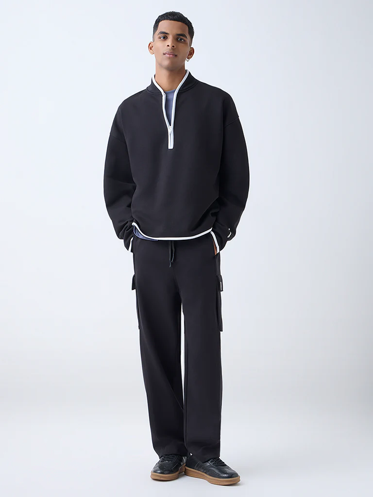 Studiofit Black Relaxed-Fit Quarter-Zip Cotton-Blend Sweatshirt - Image 2