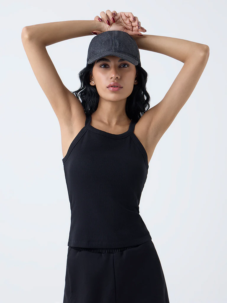 Studiofit Black Ribbed Cotton-Blend Top - Image 2