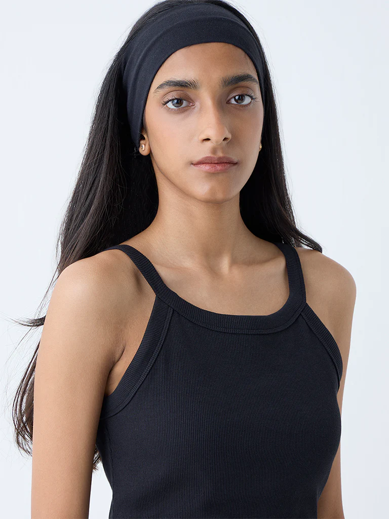 Studiofit Black Ribbed-Textured Cotton-Blend Tank Top - Image 3