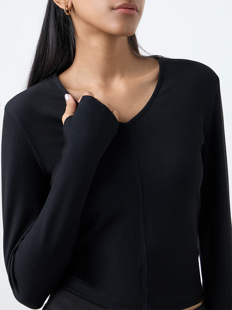 Studiofit Black Ribbed-Textured T-Shirt - Image 3