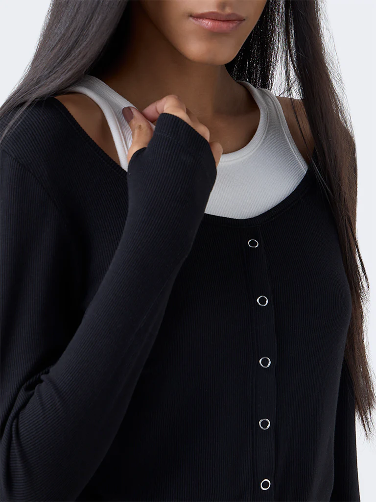Studiofit Black Ribbed-Textured Top - Image 3