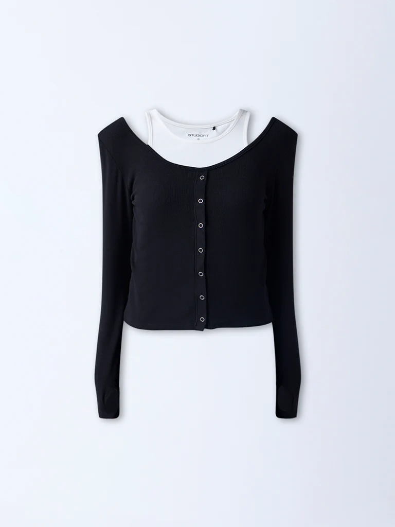 Studiofit Black Ribbed-Textured Top - Image 5