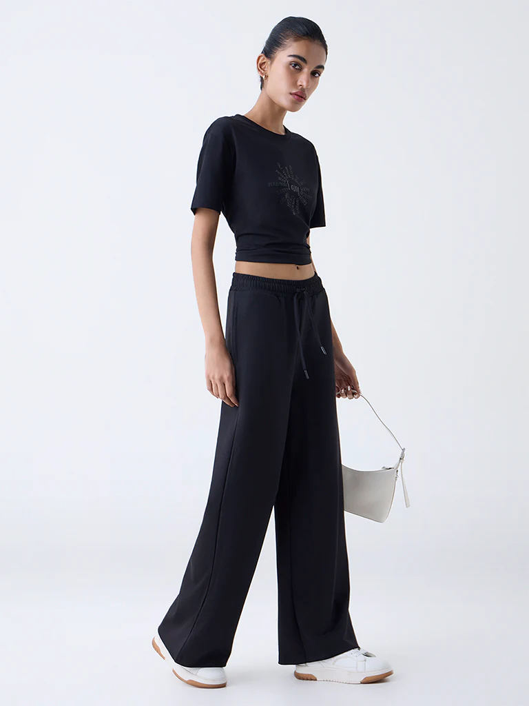 Studiofit Black Solid High-Rise Track Pants