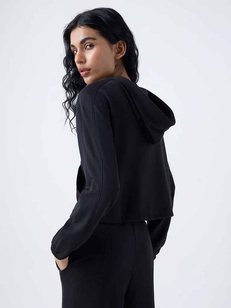 Studiofit Black Solid Hooded Jacket - Image 4