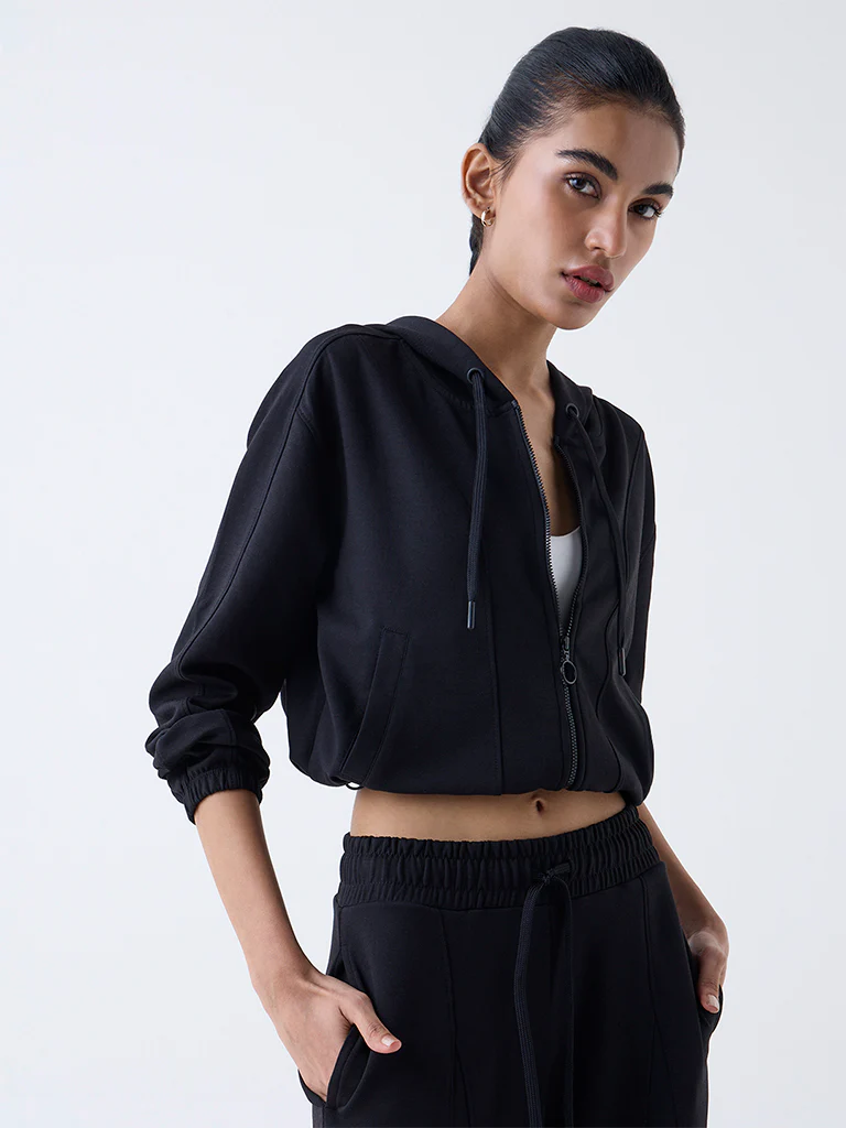 Studiofit Black Solid Hooded Jacket