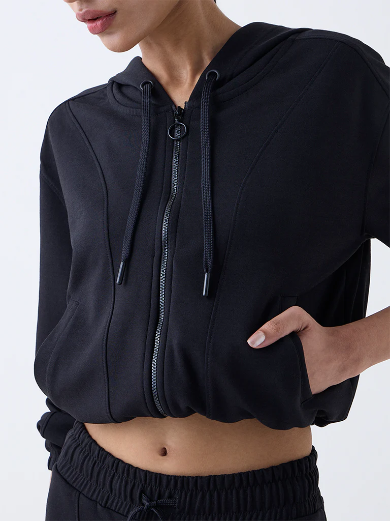 Studiofit Black Solid Hooded Jacket - Image 3