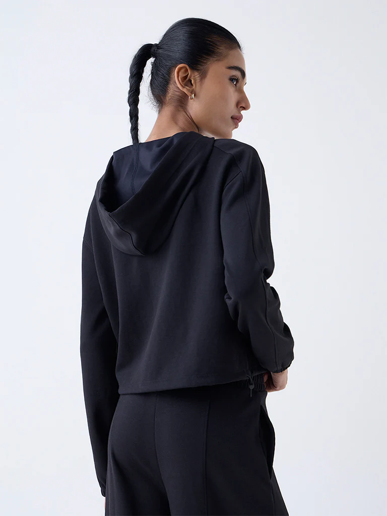 Studiofit Black Solid Hooded Jacket - Image 4